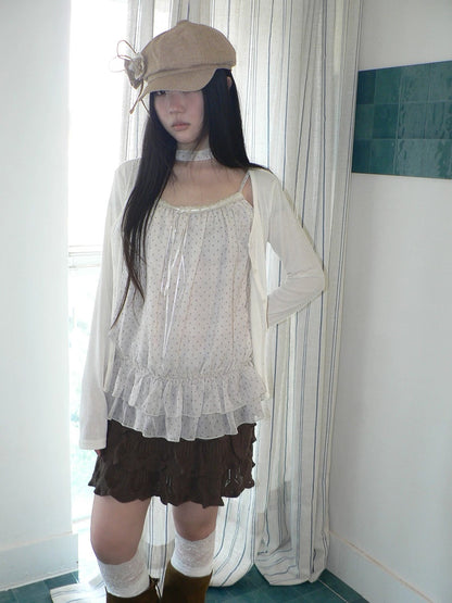 ang project Two Piece Polka Dot Korean Long Sleeve Pullover Women Apricot Mint T-Shirt