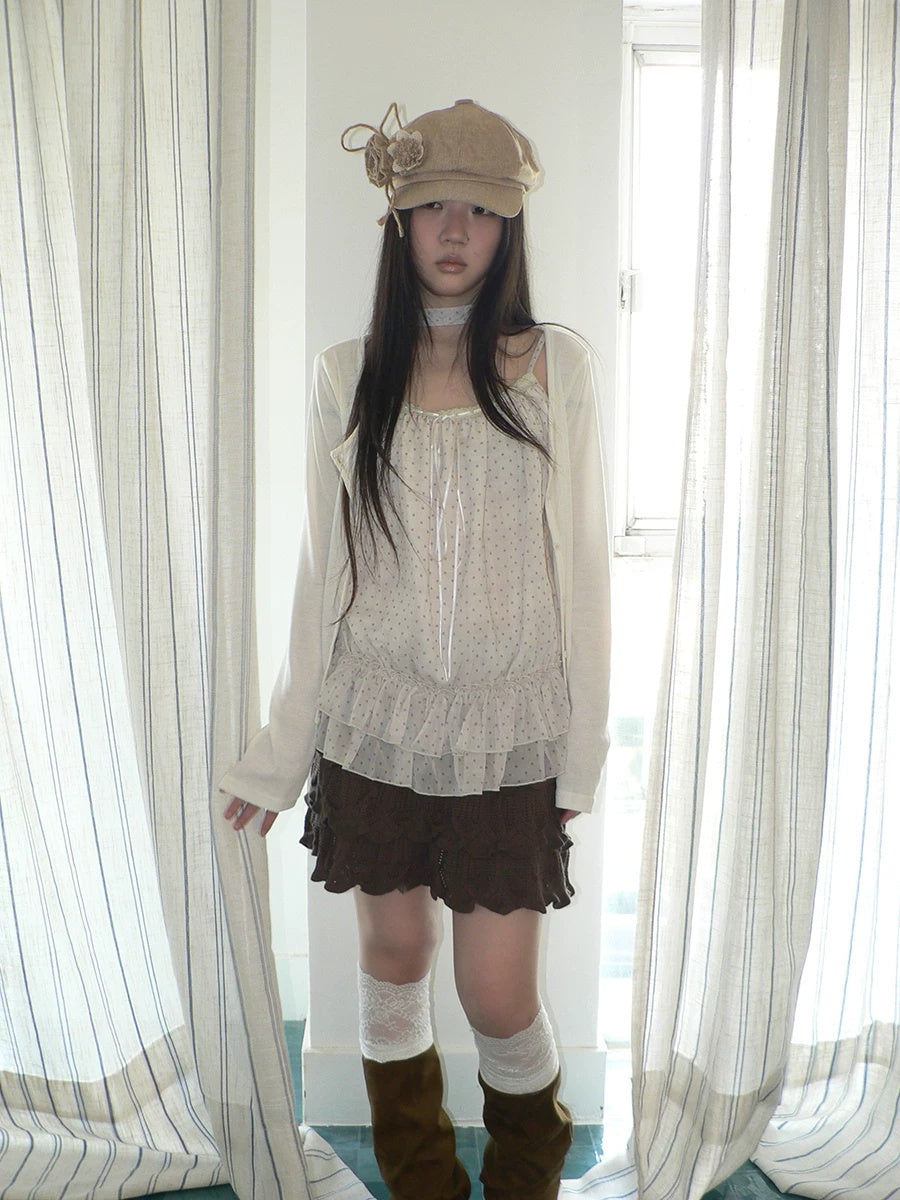 ang project Two Piece Polka Dot Korean Long Sleeve Pullover Women Apricot Mint T-Shirt