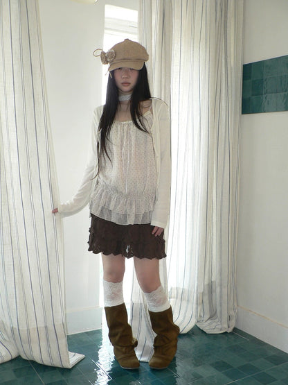 ang project Two Piece Polka Dot Korean Long Sleeve Pullover Women Apricot Mint T-Shirt