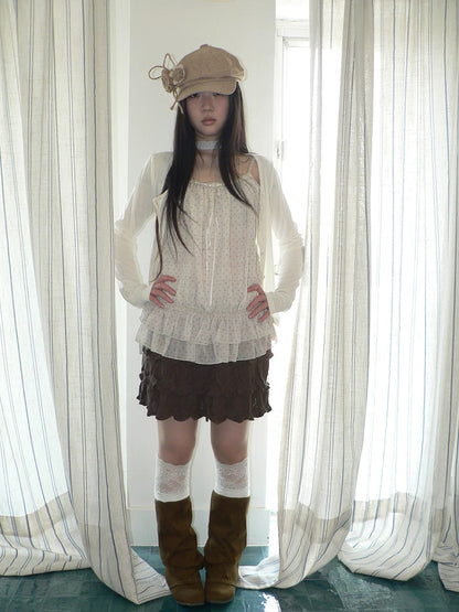 ang project Two Piece Polka Dot Korean Long Sleeve Pullover Women Apricot Mint T-Shirt