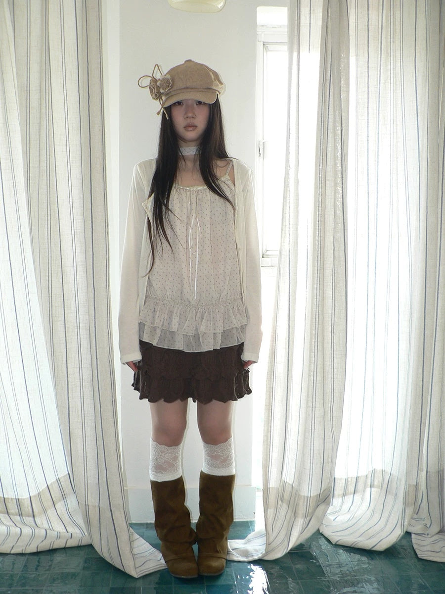 ang project Two Piece Polka Dot Korean Long Sleeve Pullover Women Apricot Mint T-Shirt