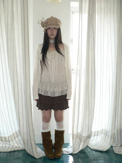 ang project Two Piece Polka Dot Korean Long Sleeve Pullover Women Apricot Mint T-Shirt