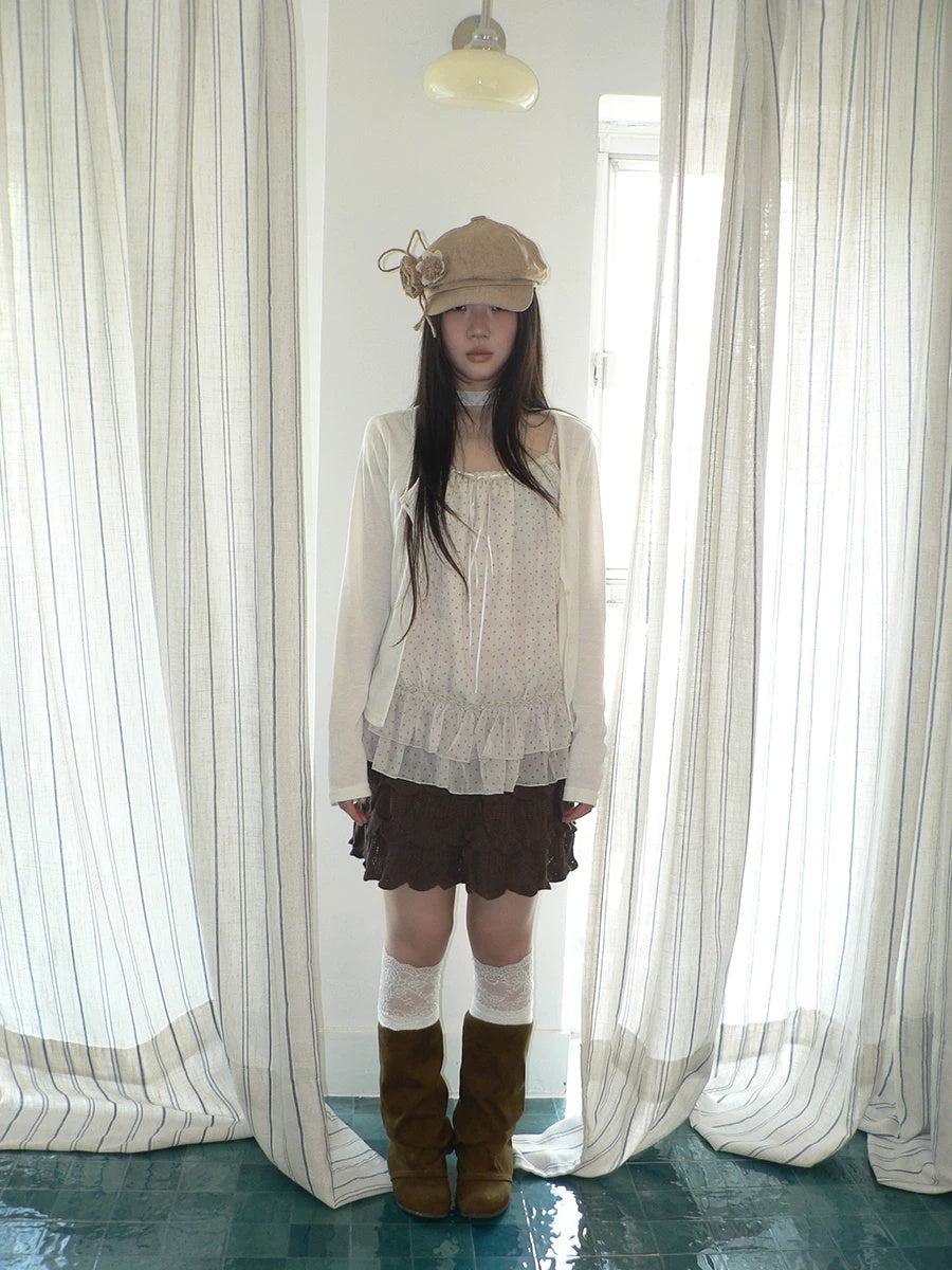 ang project Two Piece Polka Dot Korean Long Sleeve Pullover Women Apricot Mint T-Shirt