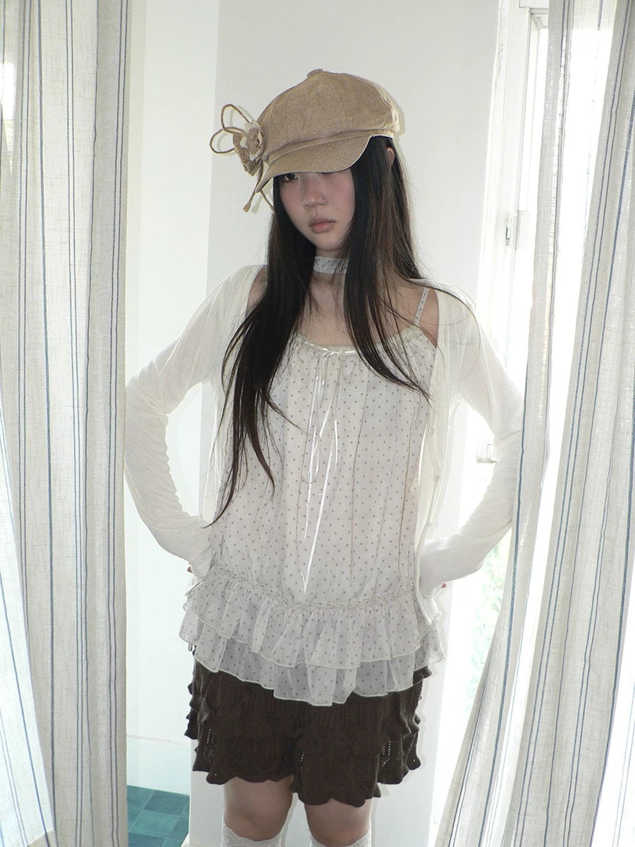 ang project Two Piece Polka Dot Korean Long Sleeve Pullover Women Apricot Mint T-Shirt