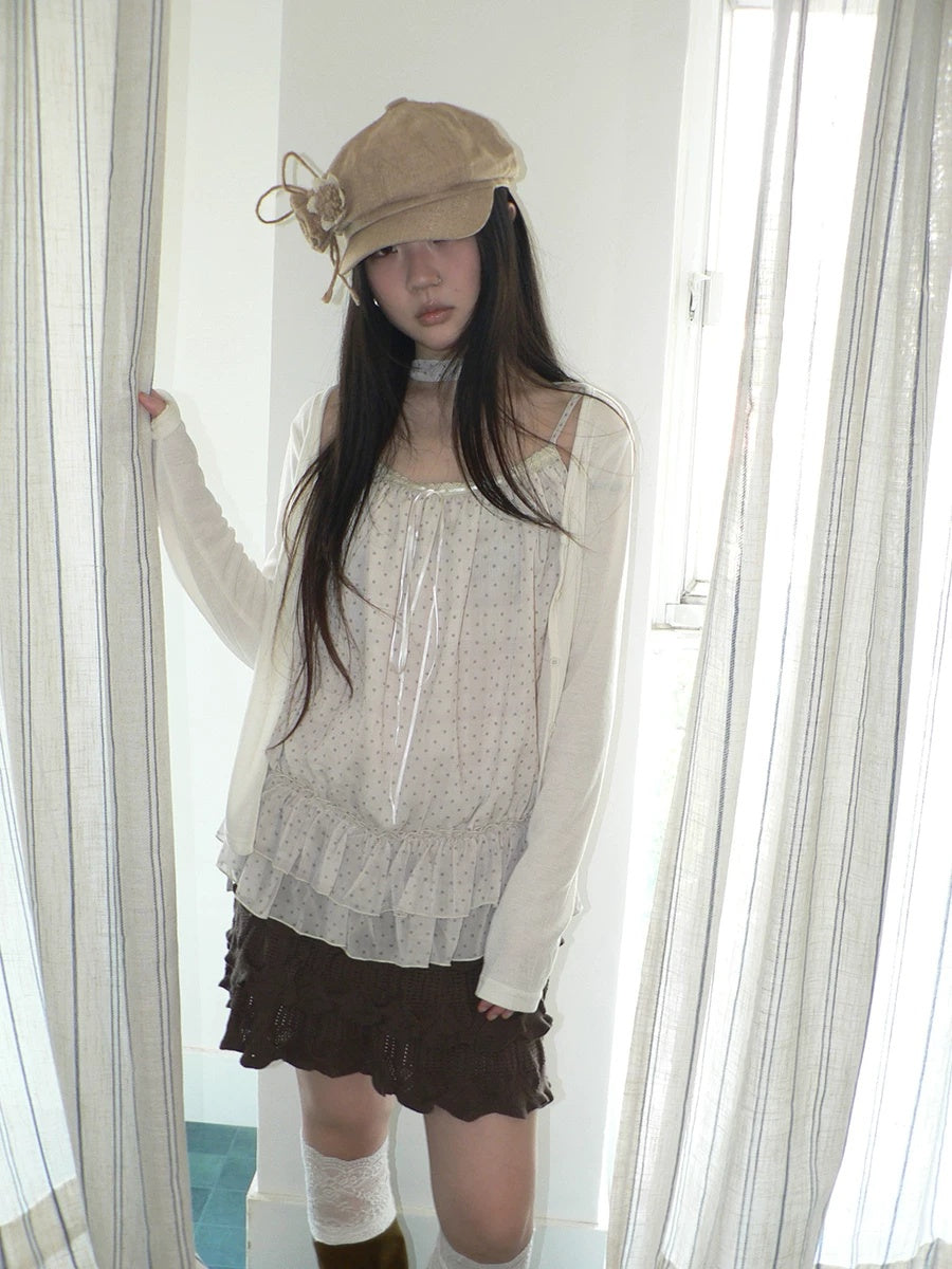 ang project Two Piece Polka Dot Korean Long Sleeve Pullover Women Apricot Mint T-Shirt