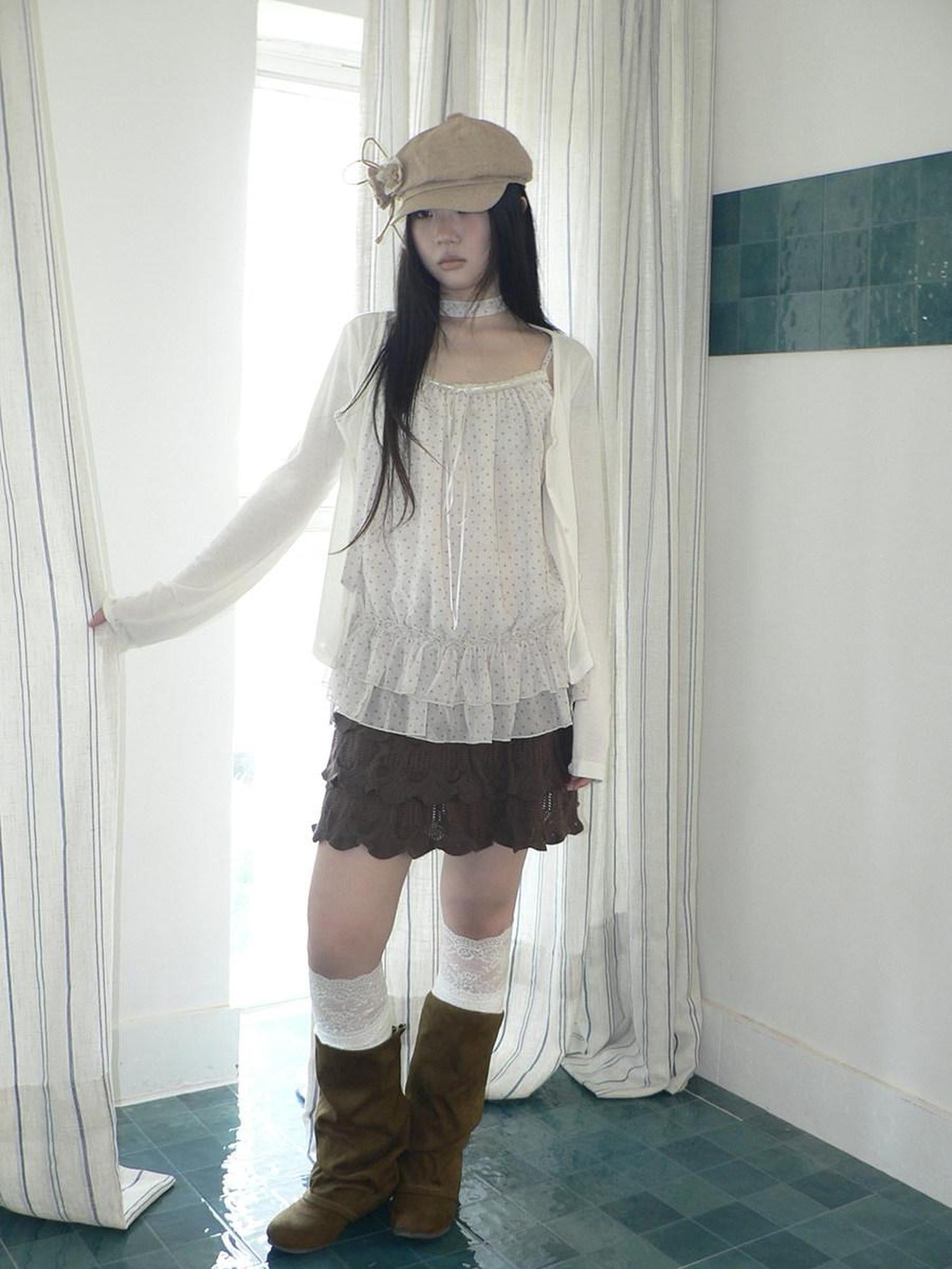 ang project Two Piece Polka Dot Korean Long Sleeve Pullover Women Apricot Mint T-Shirt