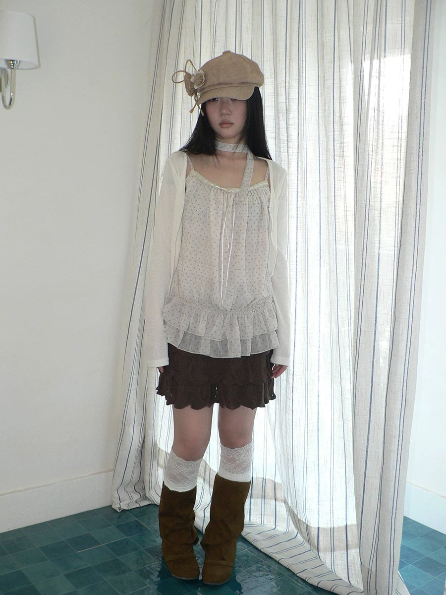 ang project Two Piece Polka Dot Korean Long Sleeve Pullover Women Apricot Mint T-Shirt