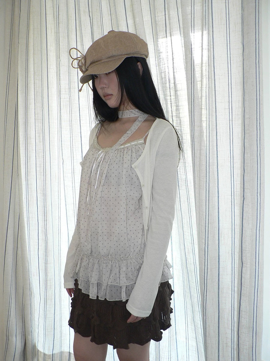 ang project Two Piece Polka Dot Korean Long Sleeve Pullover Women Apricot Mint T-Shirt