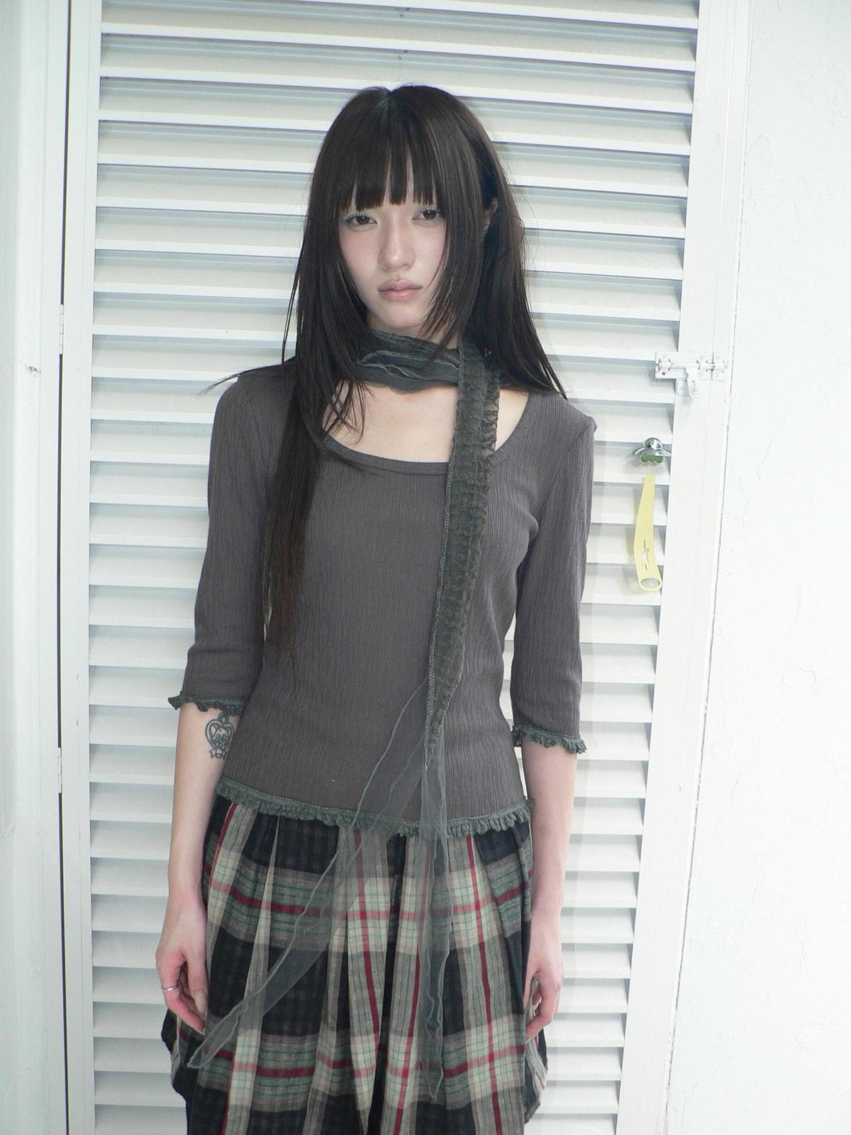 ang project U Neck Lace Spliced Textured Slim Fit Korean Women&