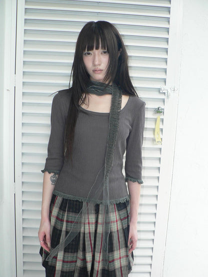 ang project U Neck Lace Spliced Textured Slim Fit Korean Women&