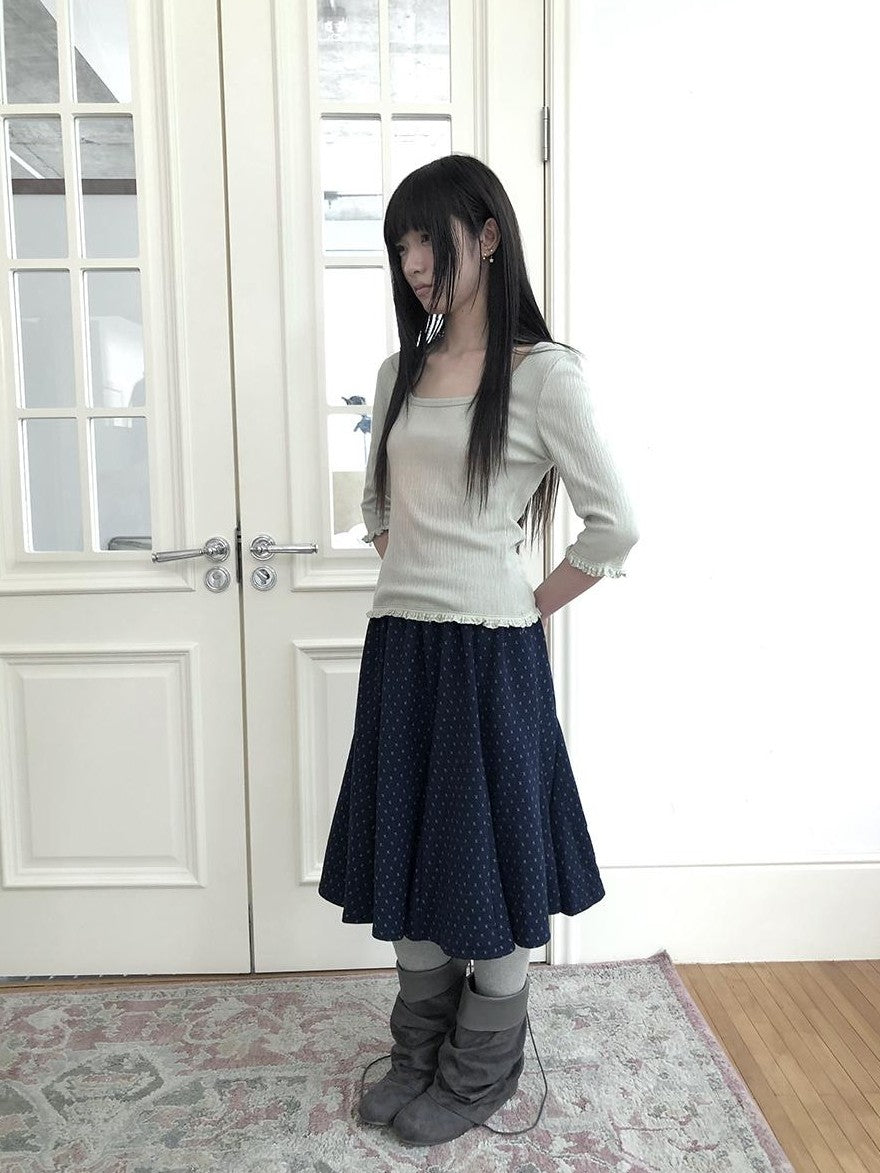 ang project U Neck Lace Spliced Textured Slim Fit Korean Women&