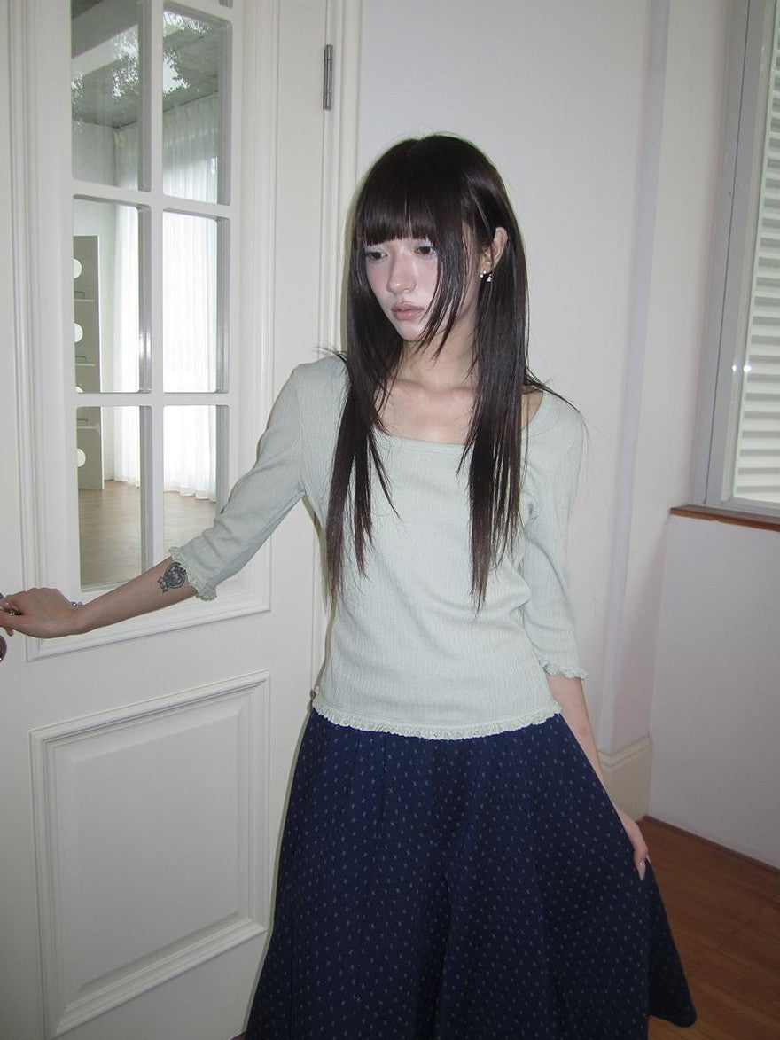 ang project U Neck Lace Spliced Textured Slim Fit Korean Women&