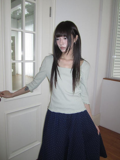 ang project U Neck Lace Spliced Textured Slim Fit Korean Women&