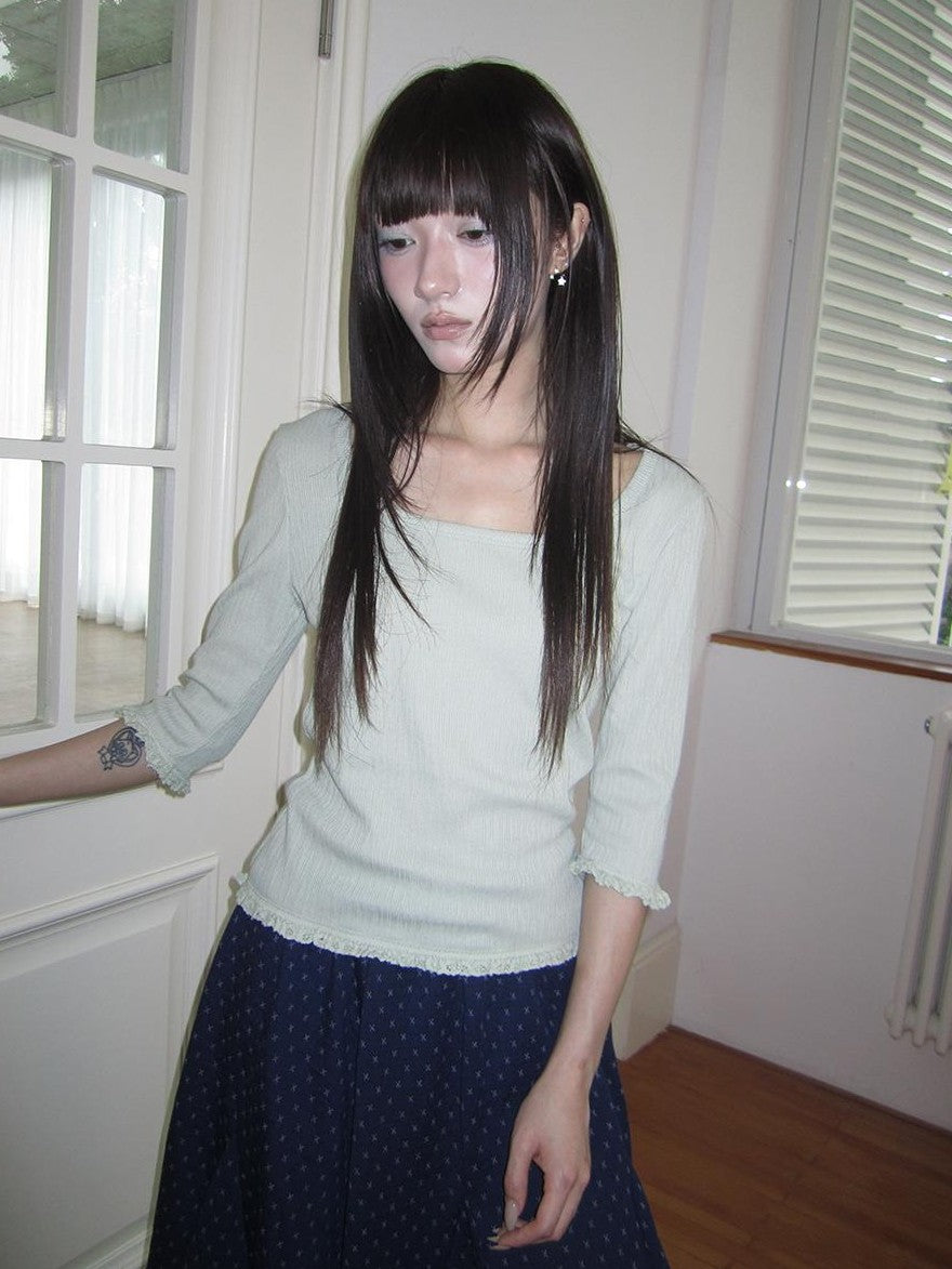 ang project U Neck Lace Spliced Textured Slim Fit Korean Women&