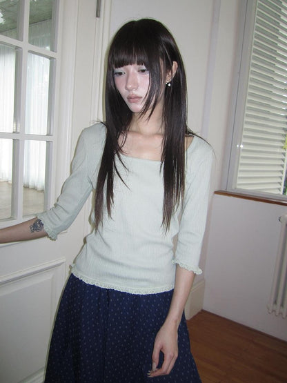 ang project U Neck Lace Spliced Textured Slim Fit Korean Women&