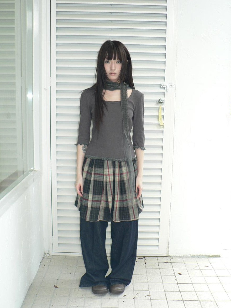 ang project U Neck Lace Spliced Textured Slim Fit Korean Women&
