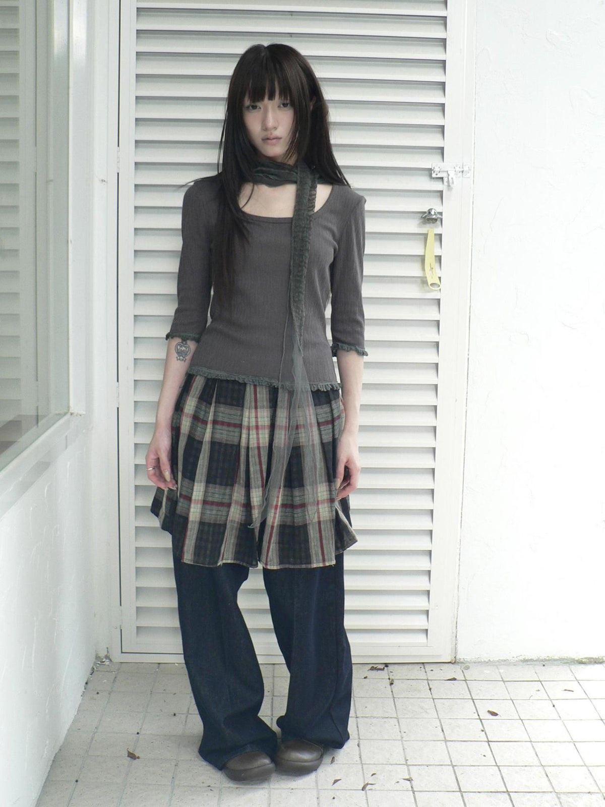 ang project U Neck Lace Spliced Textured Slim Fit Korean Women&