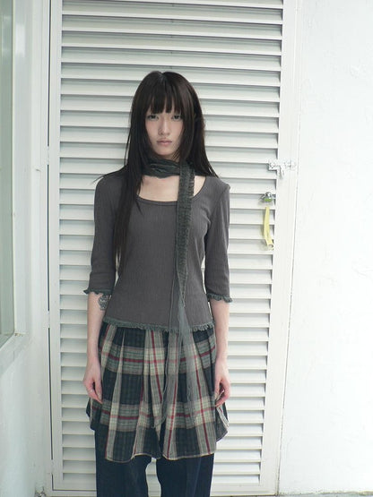 ang project U Neck Lace Spliced Textured Slim Fit Korean Women&