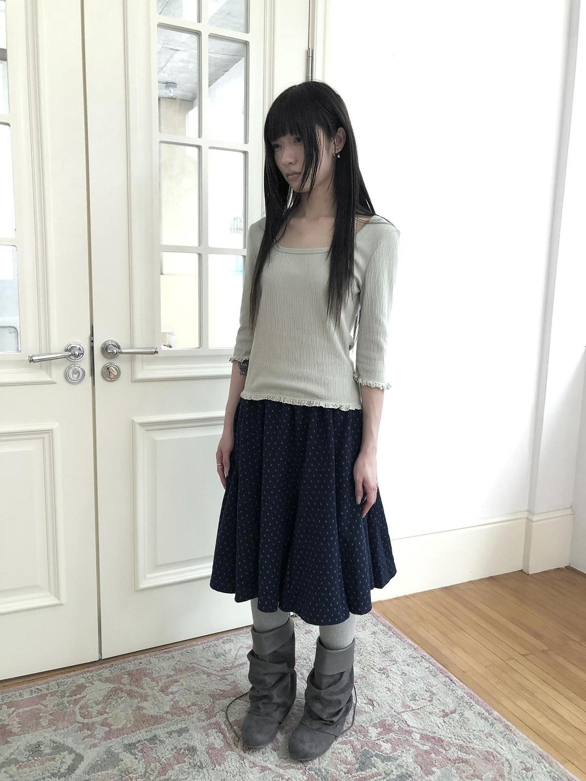 ang project U Neck Lace Spliced Textured Slim Fit Korean Women&