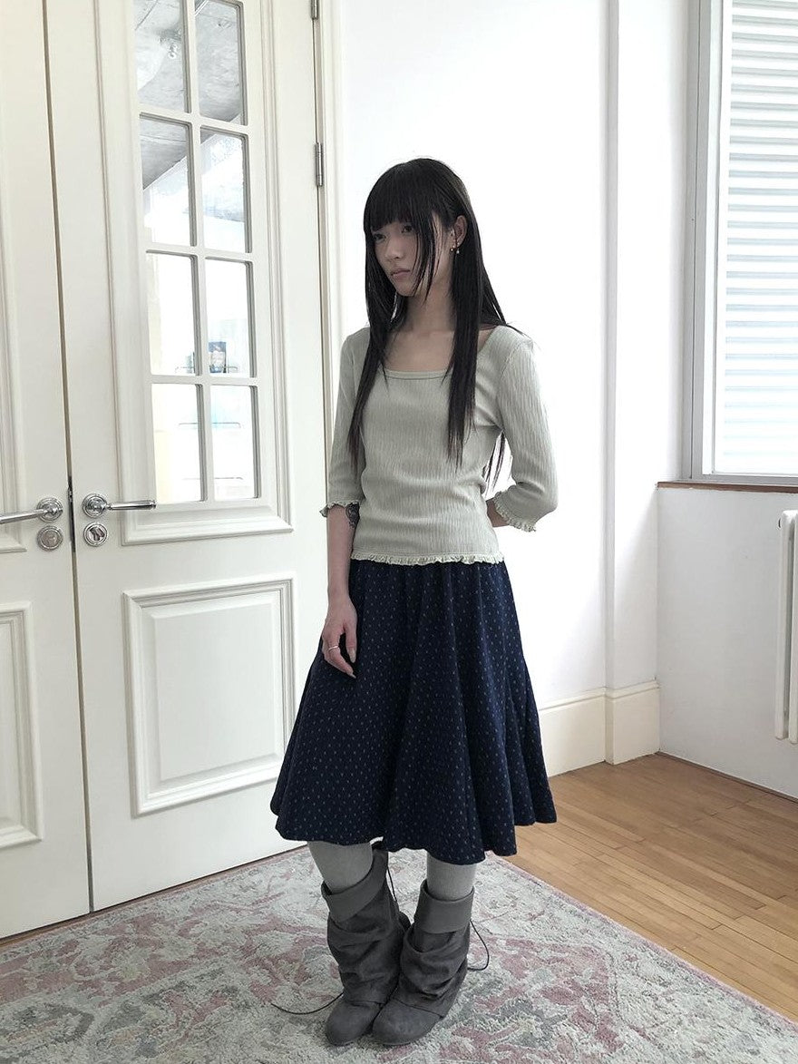 ang project U Neck Lace Spliced Textured Slim Fit Korean Women&