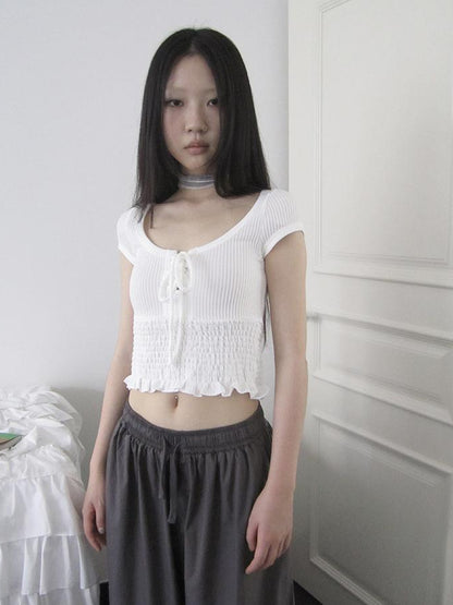 Updateang project U Neck Tie Front Stretch Cotton Slim Fit Cropped Tee