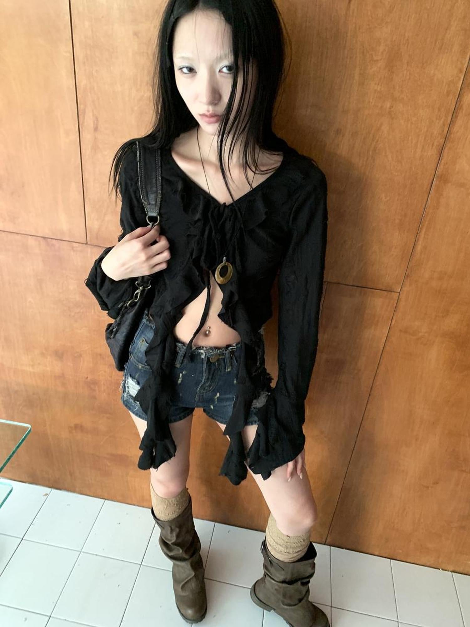 ang project V-Neck Asymmetrical Ruffle Bell Sleeve Top With Lace-Up