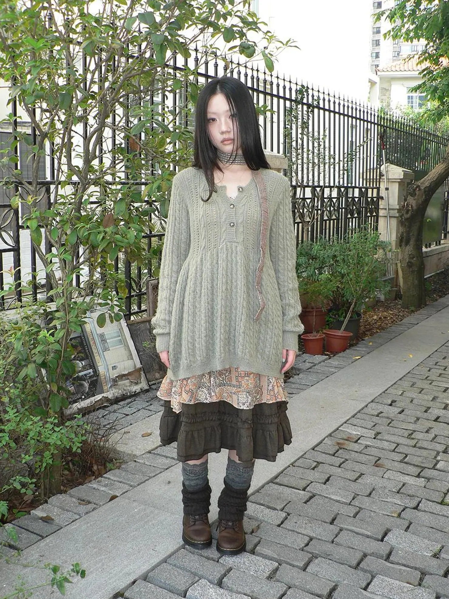 ang project V-Neck Button-Detail Loose Fit Crochet Knit Sweater Sweater