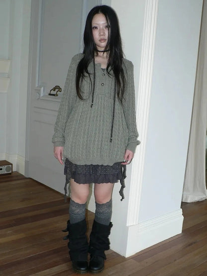 ang project V-Neck Button-Detail Loose Fit Crochet Knit Sweater Sweater