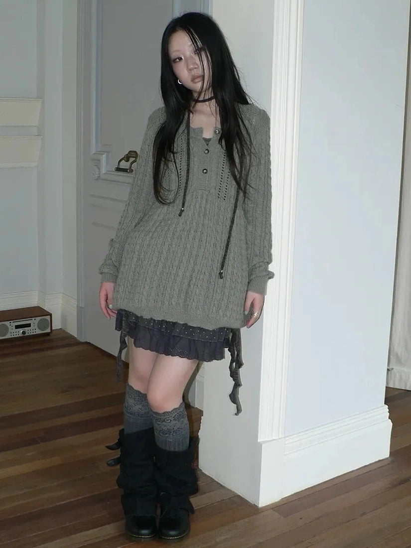 ang project V-Neck Button-Detail Loose Fit Crochet Knit Sweater Sweater