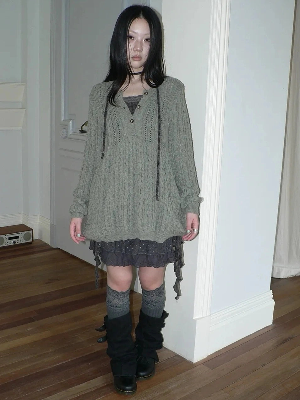 ang project V-Neck Button-Detail Loose Fit Crochet Knit Sweater Sweater