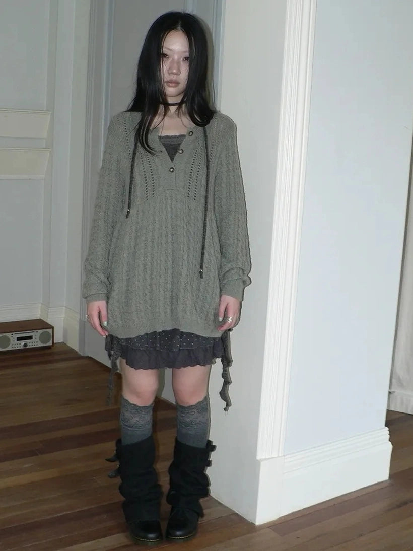 ang project V-Neck Button-Detail Loose Fit Crochet Knit Sweater Sweater