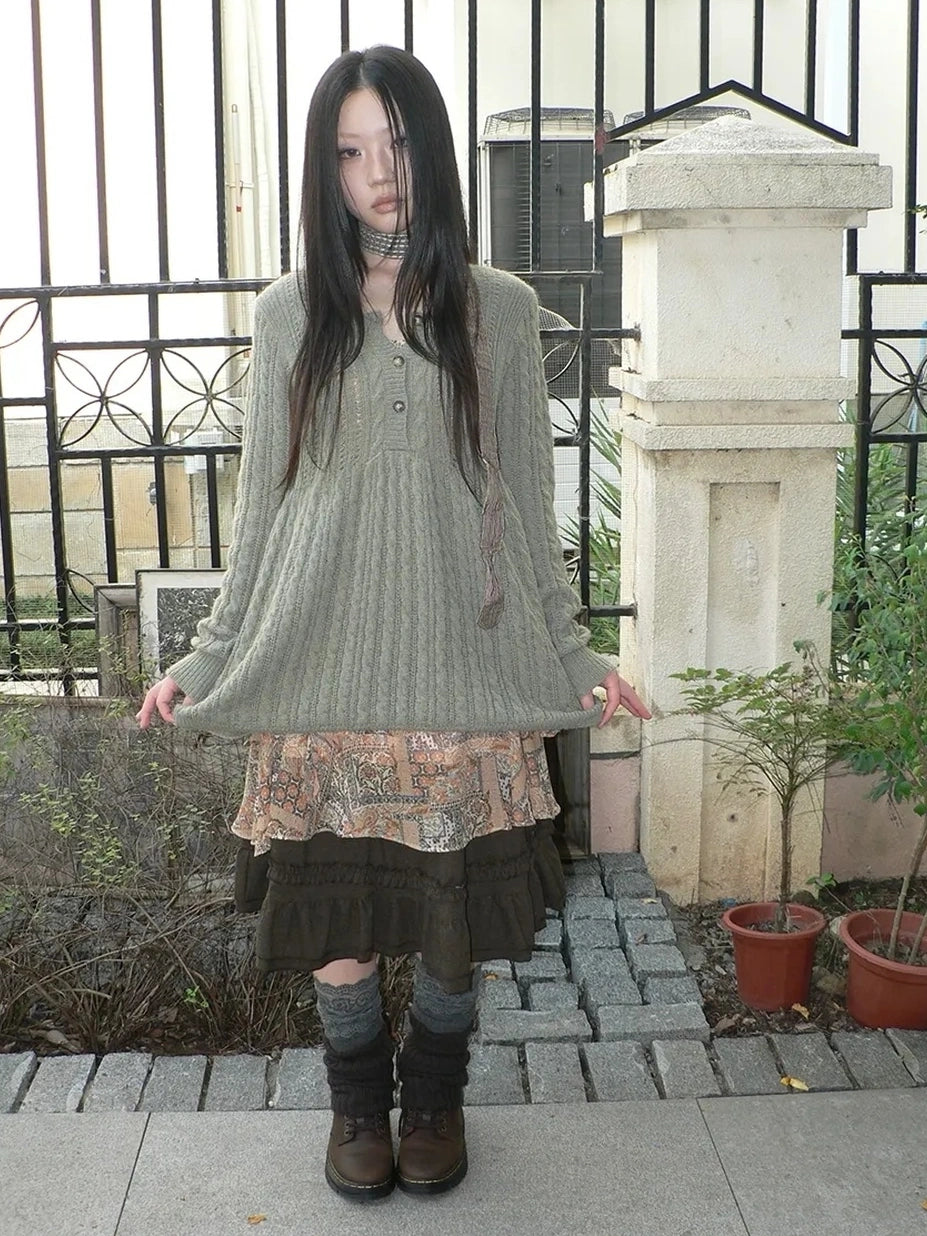 ang project V-Neck Button-Detail Loose Fit Crochet Knit Sweater Sweater