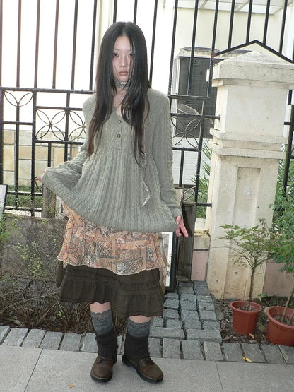 ang project V-Neck Button-Detail Loose Fit Crochet Knit Sweater Sweater