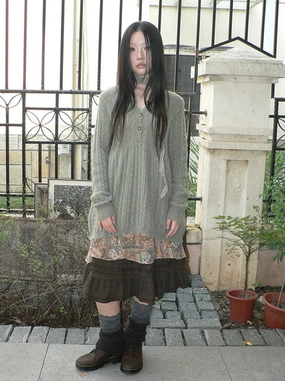 ang project V-Neck Button-Detail Loose Fit Crochet Knit Sweater Sweater