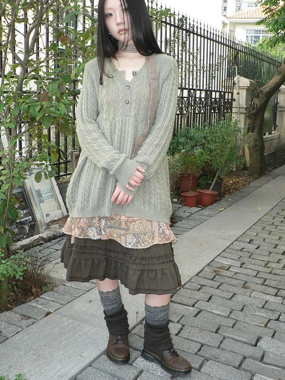 ang project V-Neck Button-Detail Loose Fit Crochet Knit Sweater Sweater