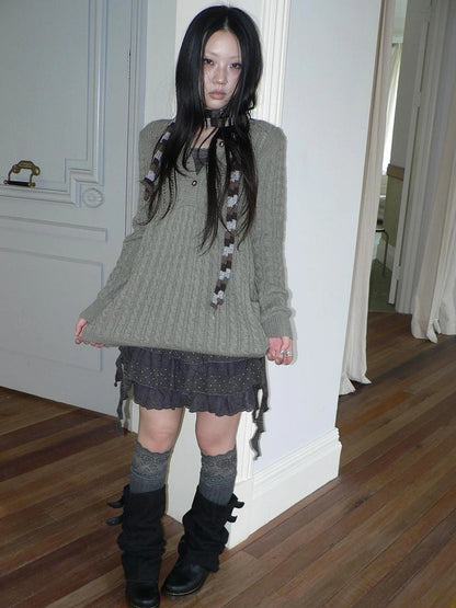 ang project V-Neck Button-Detail Loose Fit Crochet Knit Sweater Sweater