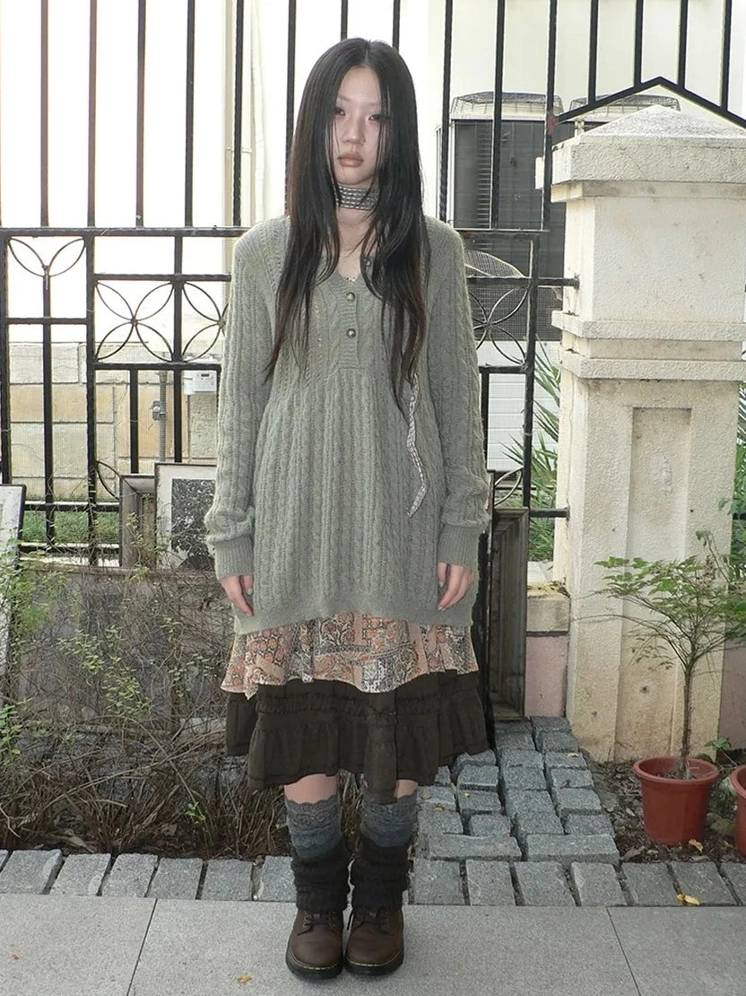 ang project V-Neck Button-Detail Loose Fit Crochet Knit Sweater Sweater