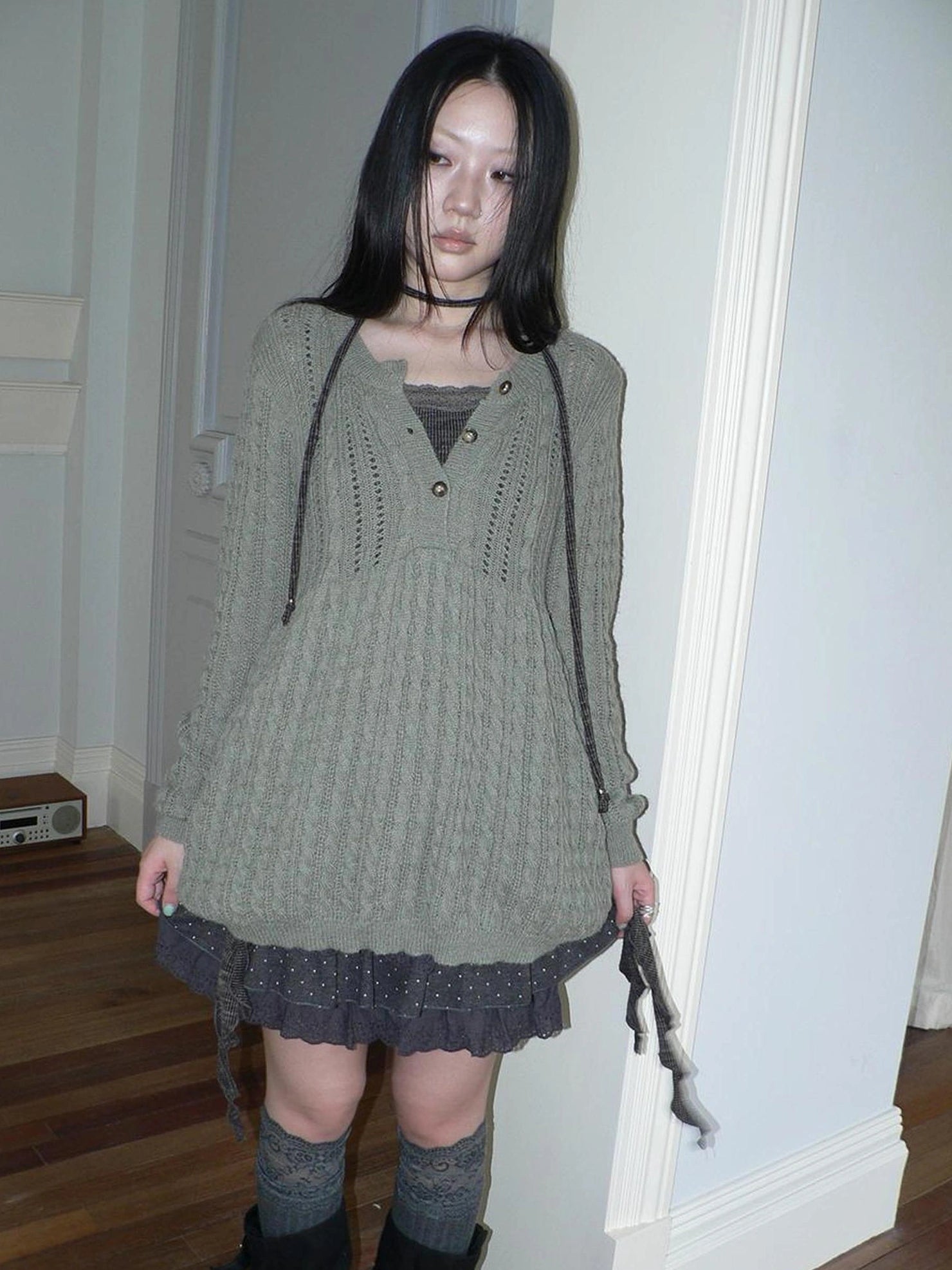 ang project V-Neck Button-Detail Loose Fit Crochet Knit Sweater Sweater