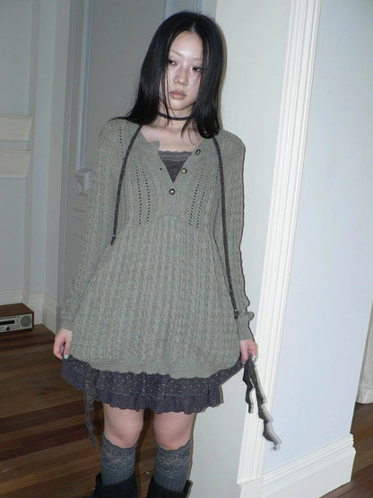 ang project V-Neck Button-Detail Loose Fit Crochet Knit Sweater Sweater