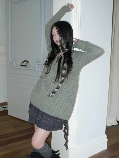 ang project V-Neck Button-Detail Loose Fit Crochet Knit Sweater Sweater