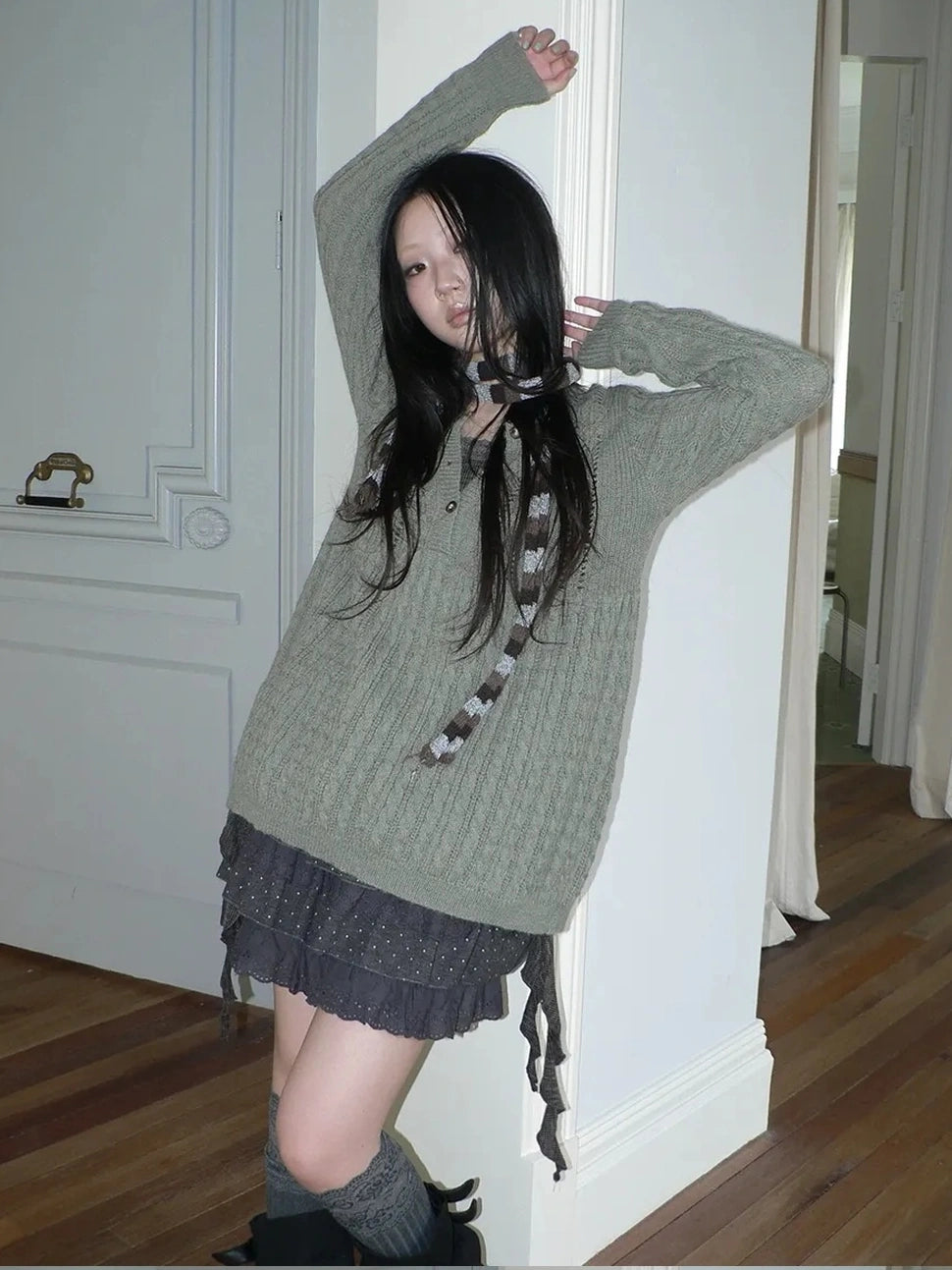 ang project V-Neck Button-Detail Loose Fit Crochet Knit Sweater Sweater