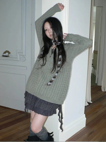 ang project V-Neck Button-Detail Loose Fit Crochet Knit Sweater Sweater