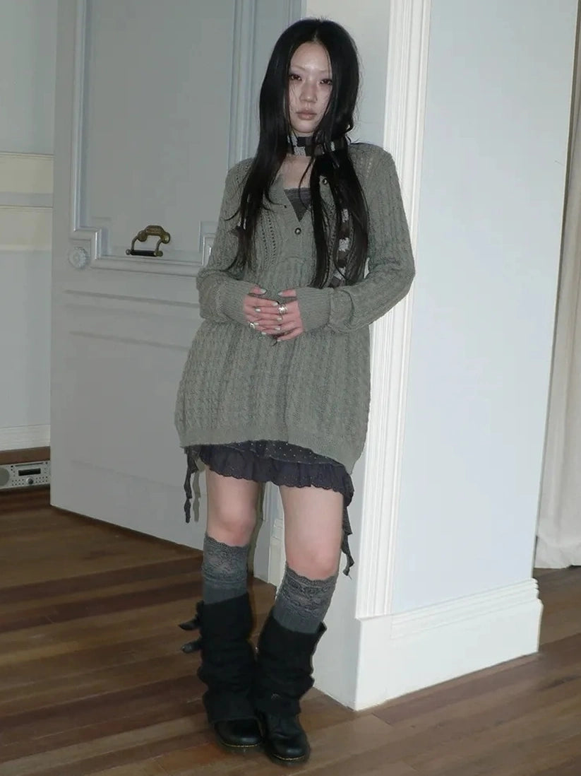 ang project V-Neck Button-Detail Loose Fit Crochet Knit Sweater Sweater