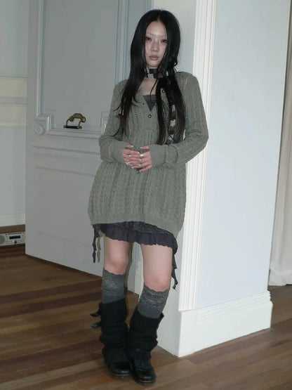 ang project V-Neck Button-Detail Loose Fit Crochet Knit Sweater Sweater