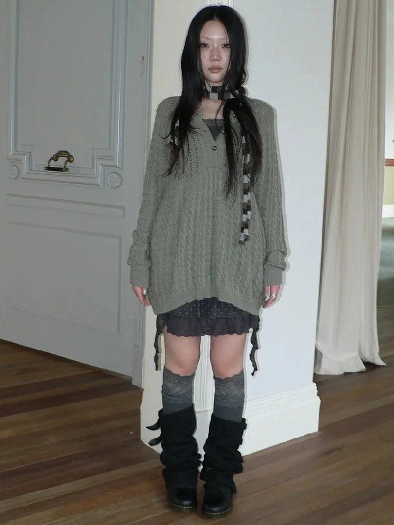 ang project V-Neck Button-Detail Loose Fit Crochet Knit Sweater Sweater