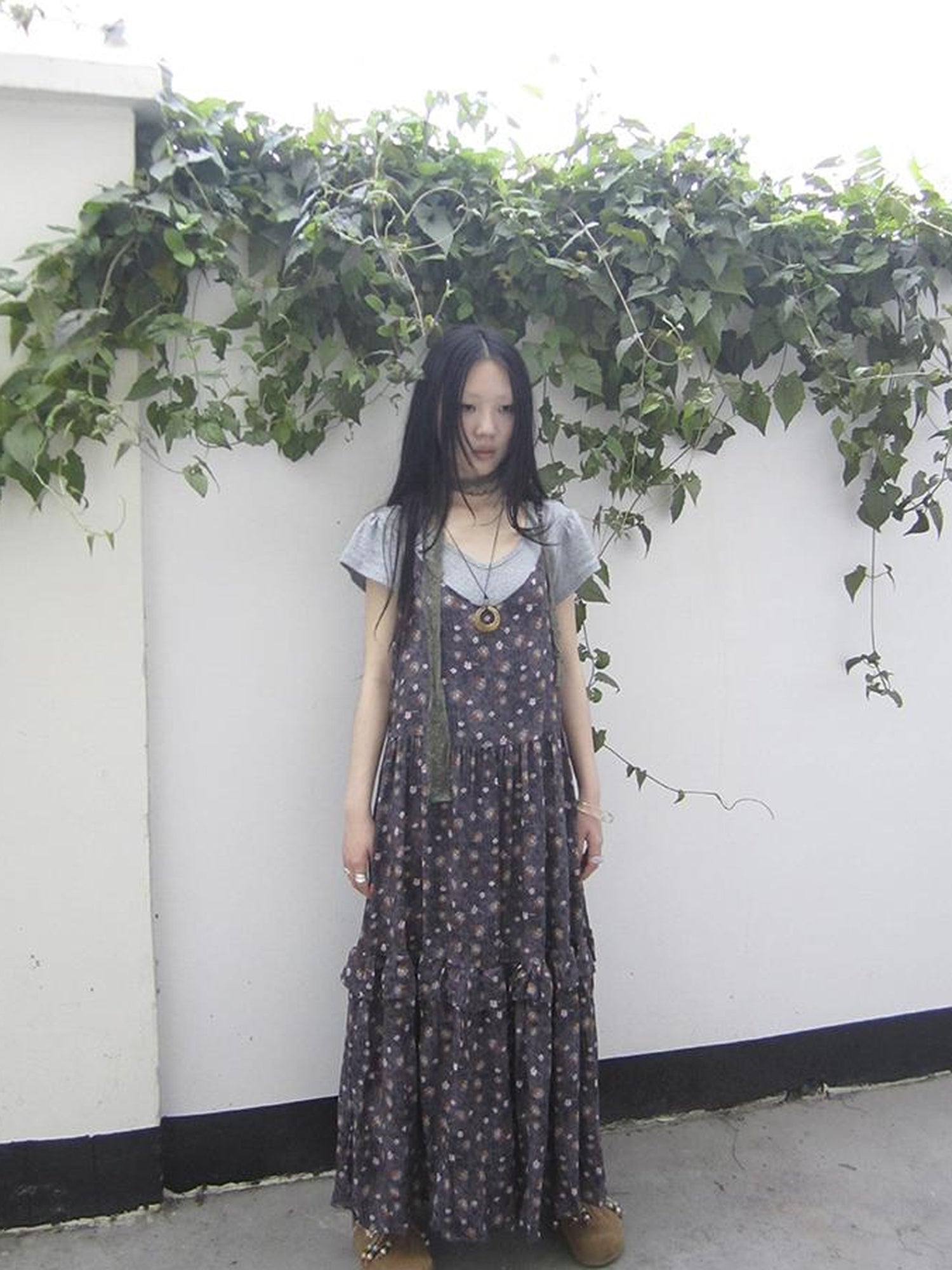 ang project V-Neck Floral Print Smocked Maxi Slip Dress In Boho Style
