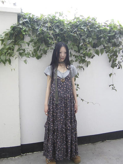 ang project V-Neck Floral Print Smocked Maxi Slip Dress In Boho Style