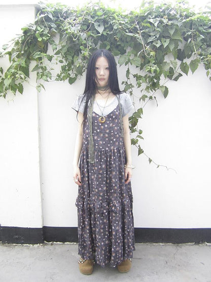 ang project V-Neck Floral Print Smocked Maxi Slip Dress In Boho Style