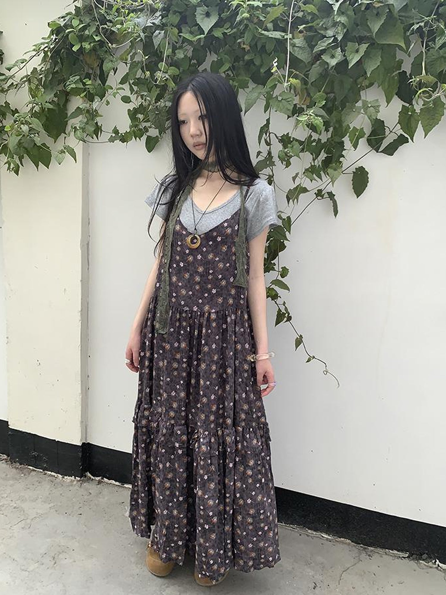ang project V-Neck Floral Print Smocked Maxi Slip Dress In Boho Style