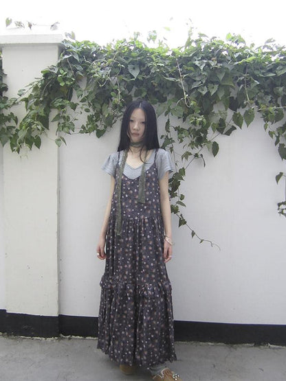 ang project V-Neck Floral Print Smocked Maxi Slip Dress In Boho Style